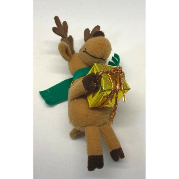Reindeer Plush Christmas Tree Ornament Holding Gold Gift Box with Green Scarf - Picture 6 of 7